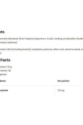 Ingredients and nutritional facts for OstroVit Quercetin VEGE, 90 capsules, including quercetin content and allergen information.